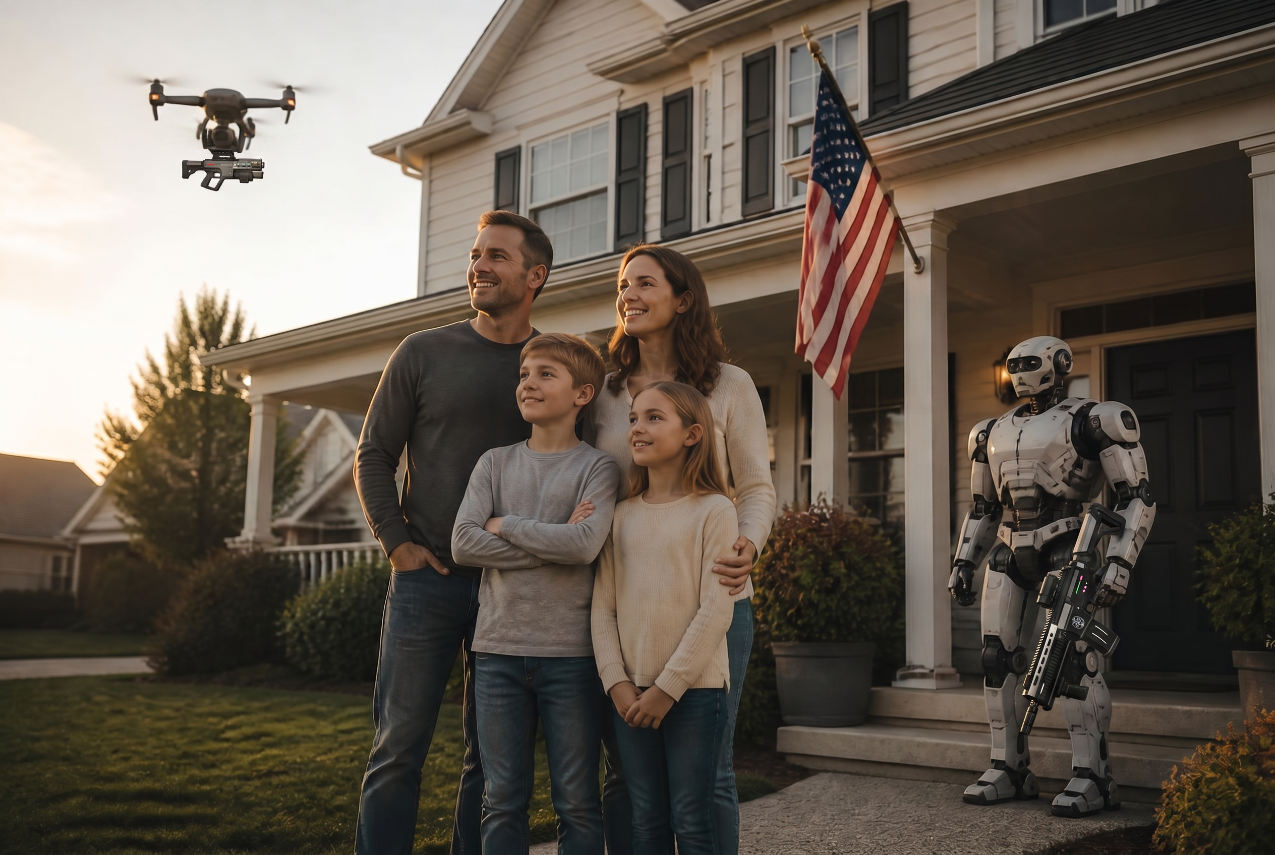 A suburban family standing with their armed household defense robot on the front lawn